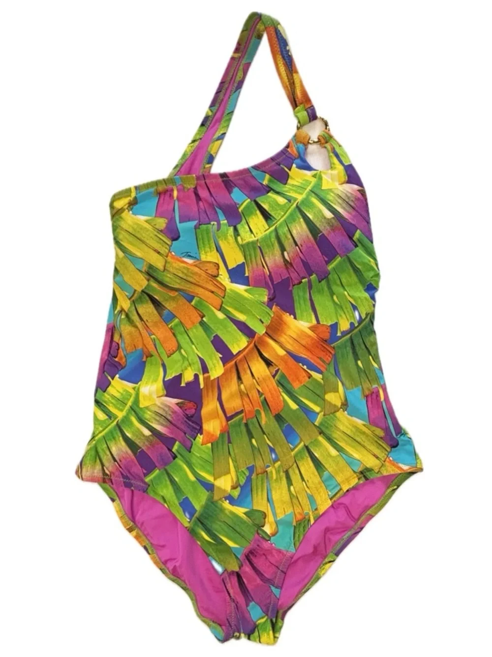 Trina Turk sz 12 Polynesian Palms One Shoulder High Cut One Piece Swimsuit - Picture 2 of 8